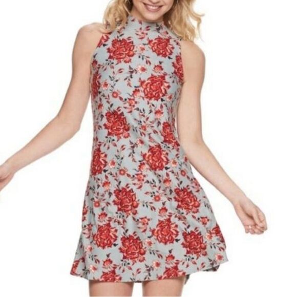 Slate blue and red floral mock neck dress size small - Picture 1 of 6
